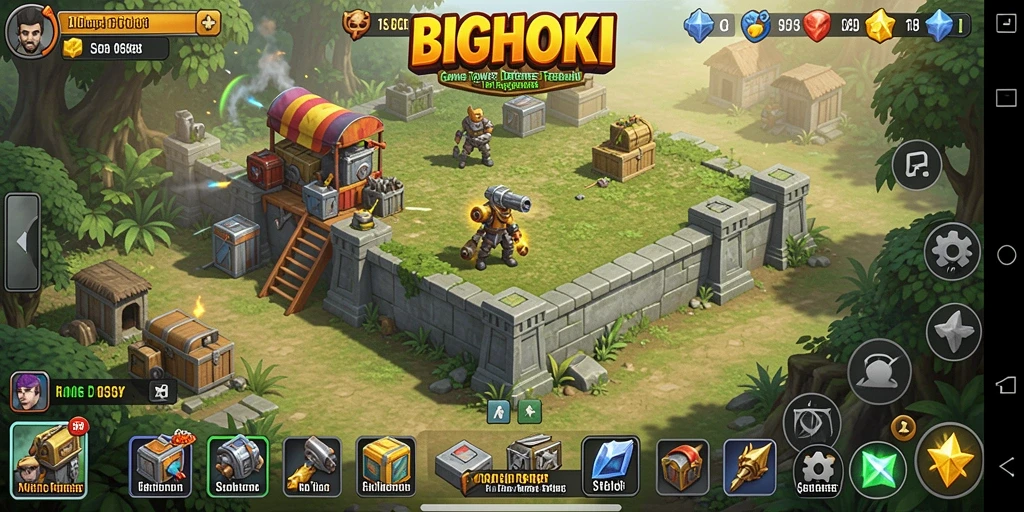 Tampilan gameplay BIGHOKI dengan menara yang siap bertarung melawan musuh.