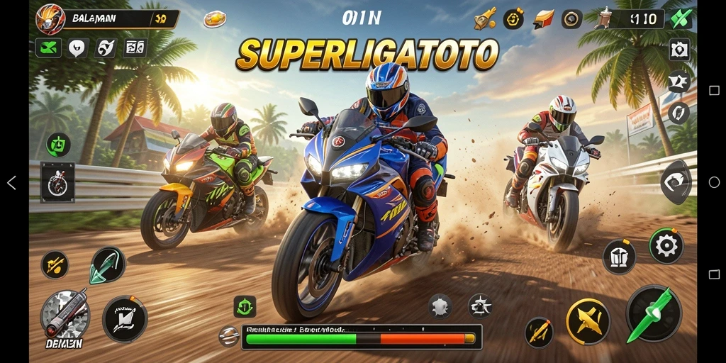 Tampilan gameplay mendebarkan dari SUPERLIGATOTO saat balapan motor.